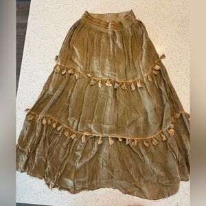 Rhea Golden Brown Tiered Midi Skirt with Tassel Trim One Size